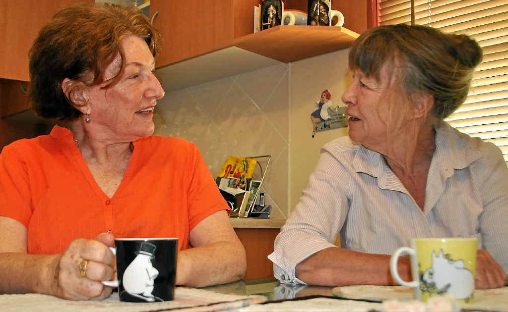 Noela Dillon and Dorothy Devine have coffee using some of the creations made from the Dillon family pieces. Noela Dillon and Dorothy Devine have coffee using some of the creations made from the Dillon family pieces.